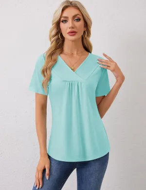 Rapbin Womens Short Sleeve Tunic Tops Dressy V Neck T Shirts Loose Fit Summer Pleated Blouses 2025