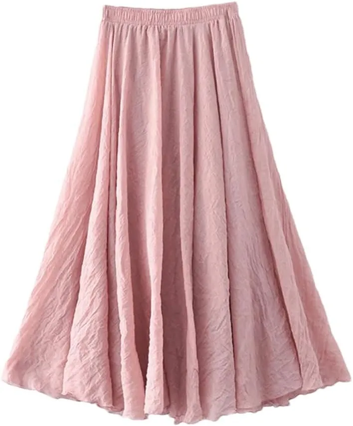 Rfmfkkg Womens Cotton Linen Maxi Skirt Casual Elastic High Waist Pleated A-Line Beach Skirts Boho