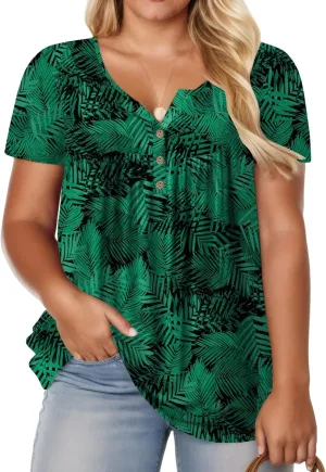 ROSRISS Womens-Plus-Size-Tops-Summer Buttons Up Henley Shirts V Neck Blouses Flowy Pleated Tunics Tee