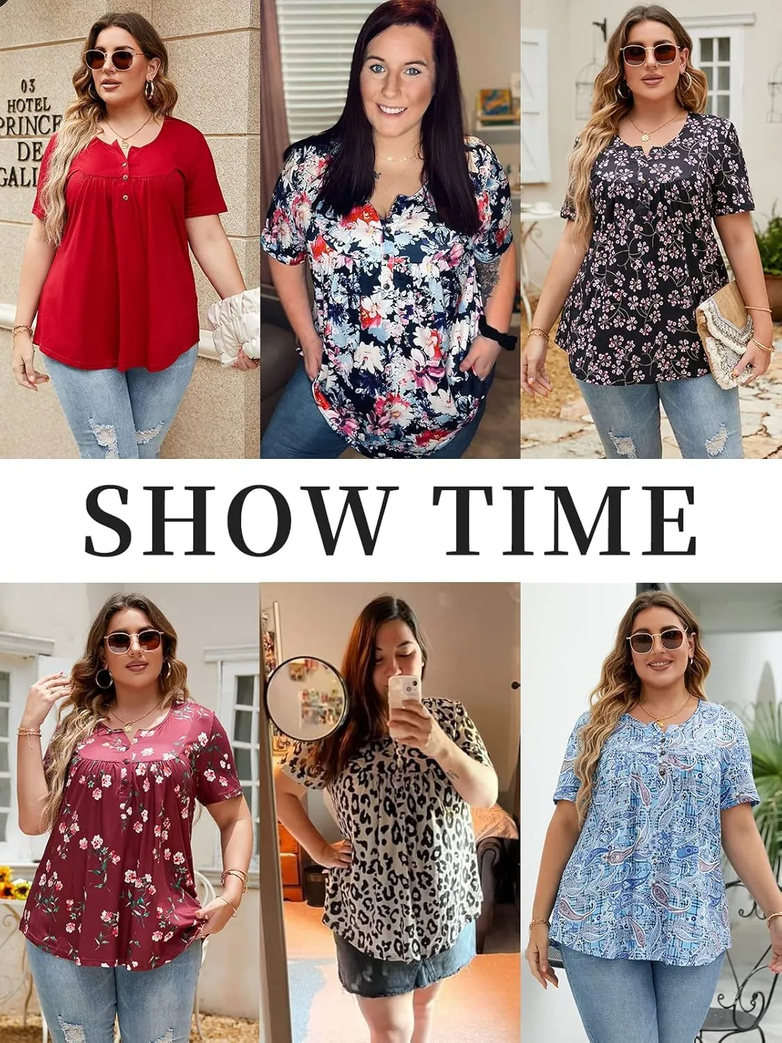 ROSRISS Womens-Plus-Size-Tops-Summer Buttons Up Henley Shirts V Neck Blouses Flowy Pleated Tunics Tee