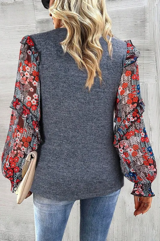 Ruffle Tiered Floral Sleeve Crew Neck Blouse-SHIPS DIRECTLY TO YOU!