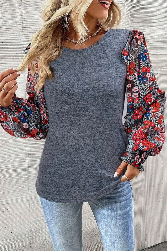 Ruffle Tiered Floral Sleeve Crew Neck Blouse-SHIPS DIRECTLY TO YOU!