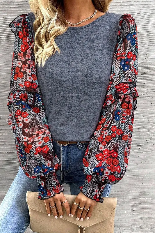 Ruffle Tiered Floral Sleeve Crew Neck Blouse-SHIPS DIRECTLY TO YOU!