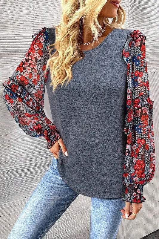 Ruffle Tiered Floral Sleeve Crew Neck Blouse-SHIPS DIRECTLY TO YOU!
