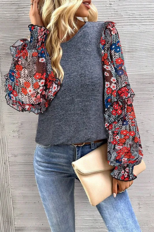 Ruffle Tiered Floral Sleeve Crew Neck Blouse-SHIPS DIRECTLY TO YOU!