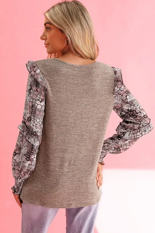 Ruffle Tiered Floral Sleeve Crew Neck Blouse-SHIPS DIRECTLY TO YOU!