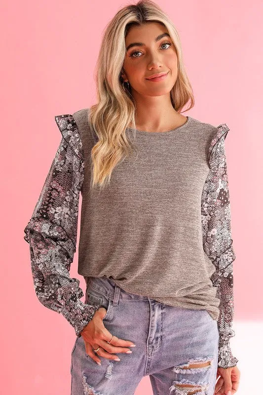 Ruffle Tiered Floral Sleeve Crew Neck Blouse-SHIPS DIRECTLY TO YOU!