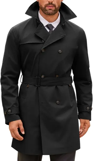 Runcati Mens Double Breasted Trench Coat Notched Lapel Windbreaker Jackets Causal Overcoat With Belt