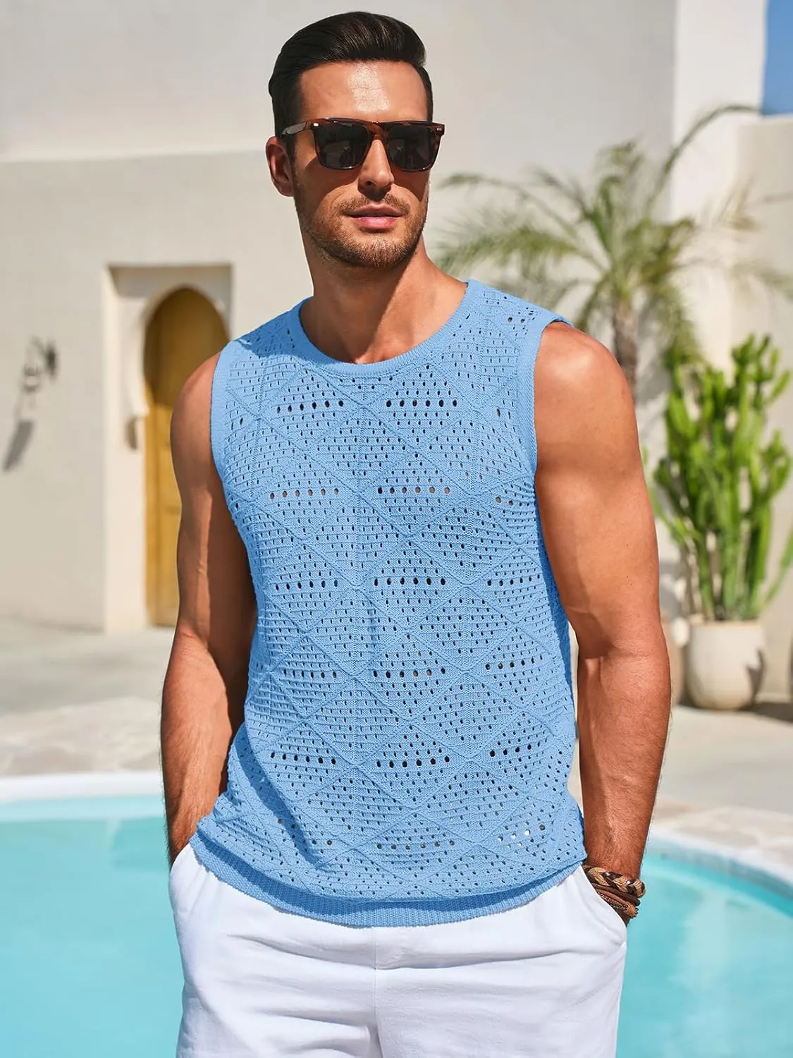 Runcati Mens Knitted Tank Tops Casual Sleeveless Hollow Out Crochet T-Shirts Muscle Summer Beach Hippie Shirts