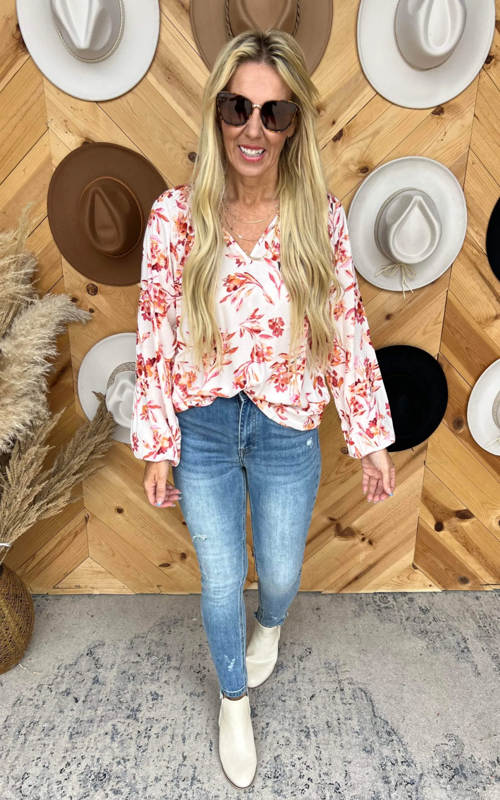 Rust V-Neck Floral Blouse Top