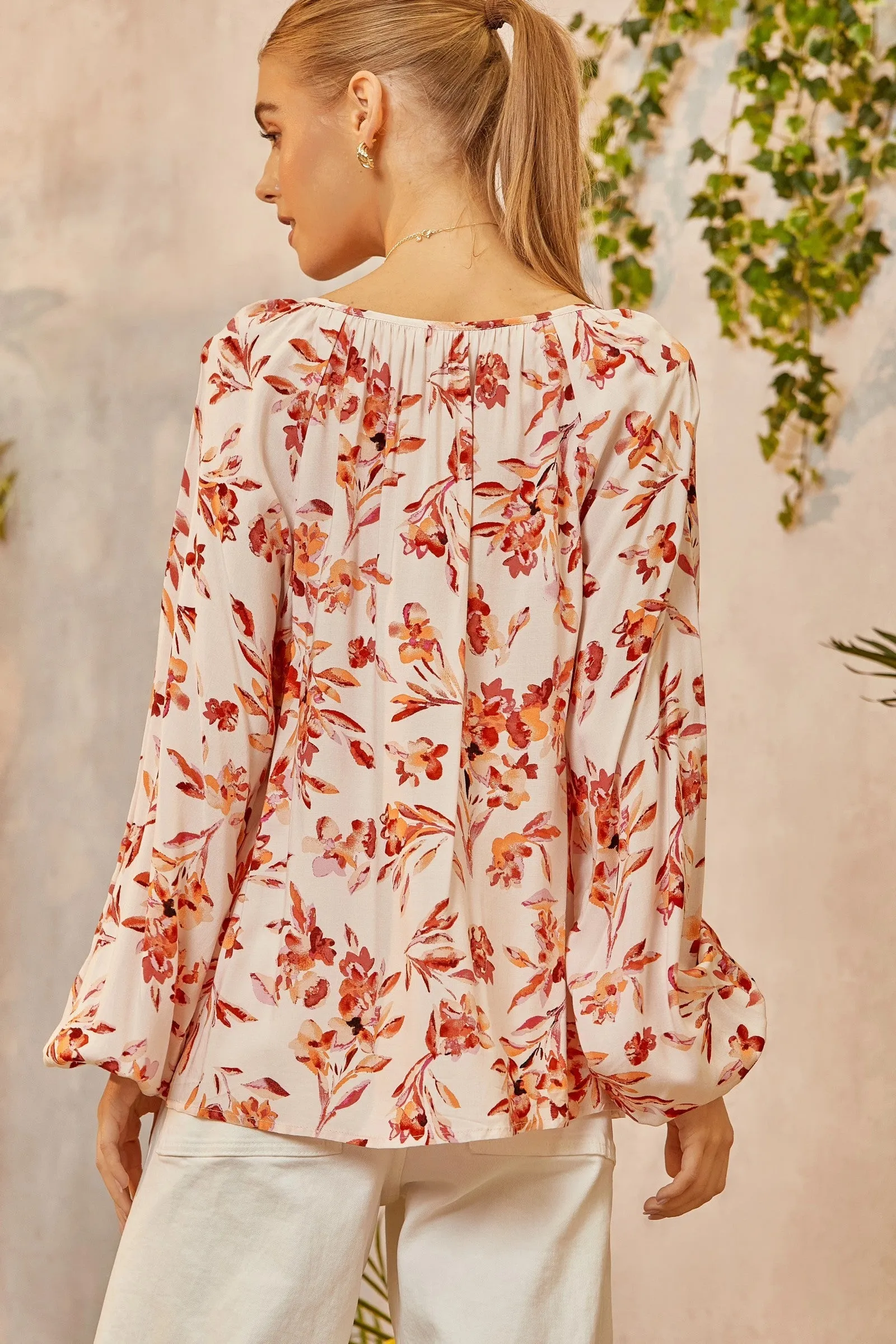 Rust V-Neck Floral Blouse Top