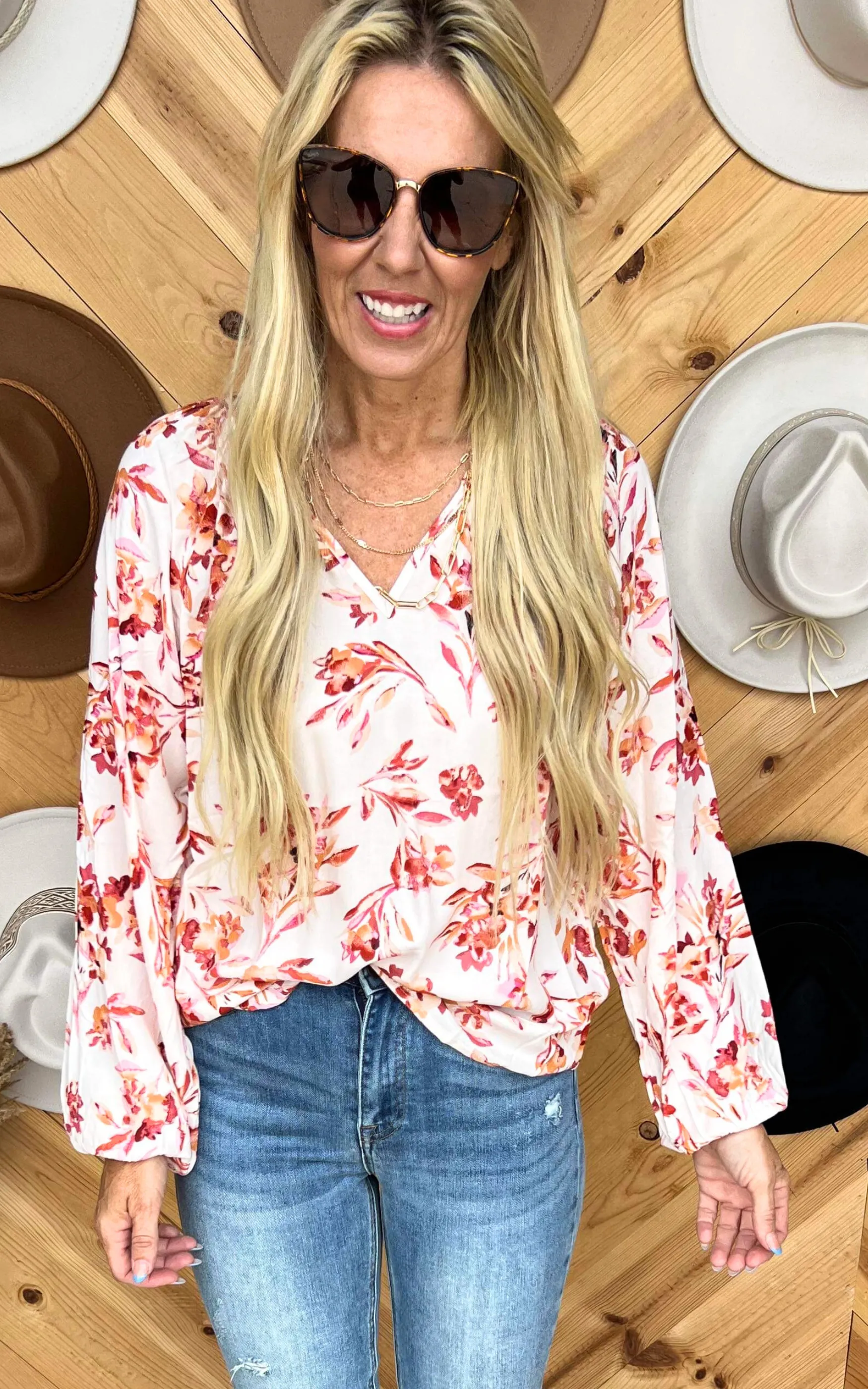 Rust V-Neck Floral Blouse Top