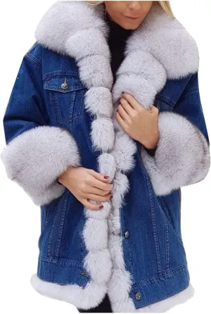SACFOF Women Faux Fur Coat Denim Winter Thicken Warm Jacket Casual Plus Size Outdoor Overcoat Parka