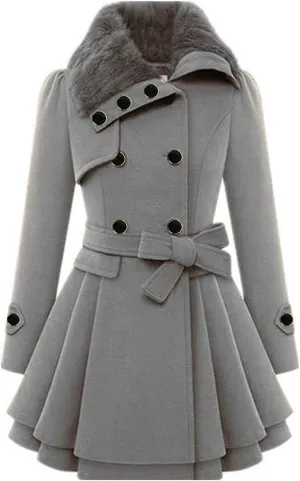 SACFOF Women's Faux Fur Lapel Double Breasted Thick Wool Trench Coat Winter Warm A-Line Dress Wool Blend Pea Coat Jackets