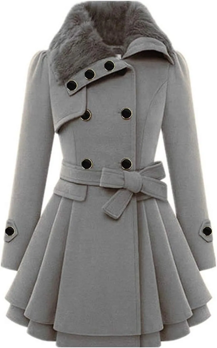 SACFOF Women's Faux Fur Lapel Double Breasted Thick Wool Trench Coat Winter Warm A-Line Dress Wool Blend Pea Coat Jackets