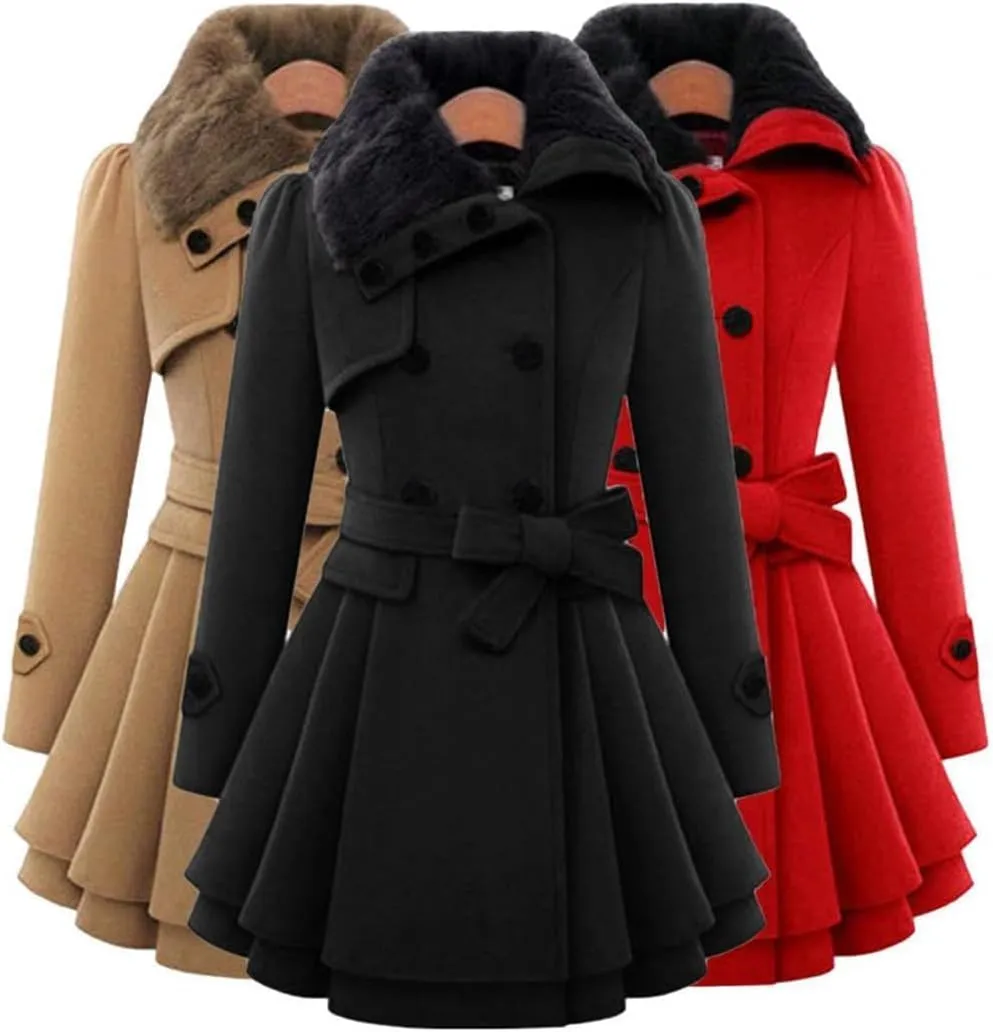 SACFOF Women's Faux Fur Lapel Double Breasted Thick Wool Trench Pea Coat Long Sleeve Winter Warm Jacket with Belt