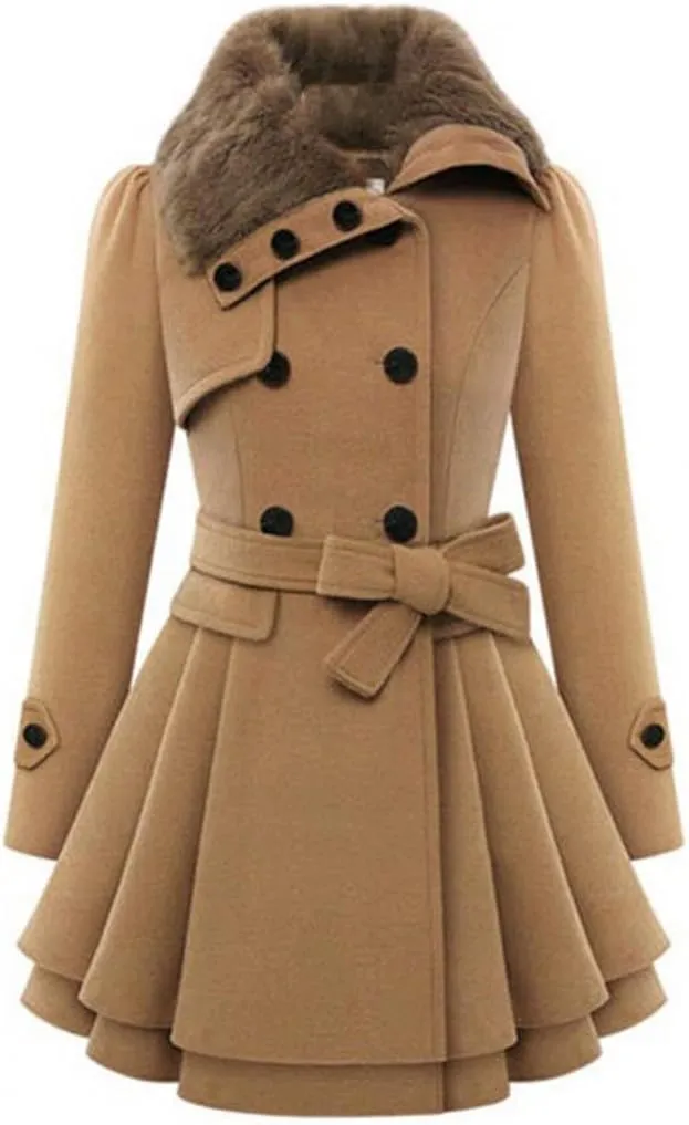 SACFOF Women's Faux Fur Lapel Double Breasted Thick Wool Trench Pea Coat Long Sleeve Winter Warm Jacket with Belt