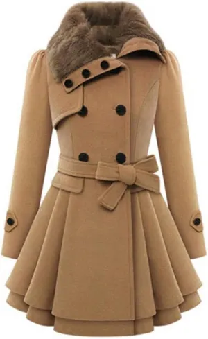 SACFOF Women's Faux Fur Lapel Double Breasted Thick Wool Trench Pea Coat Long Sleeve Winter Warm Jacket with Belt