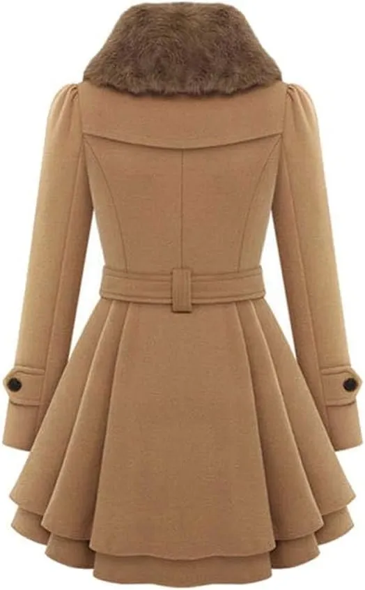 SACFOF Women's Faux Fur Lapel Double Breasted Thick Wool Trench Pea Coat Long Sleeve Winter Warm Jacket with Belt