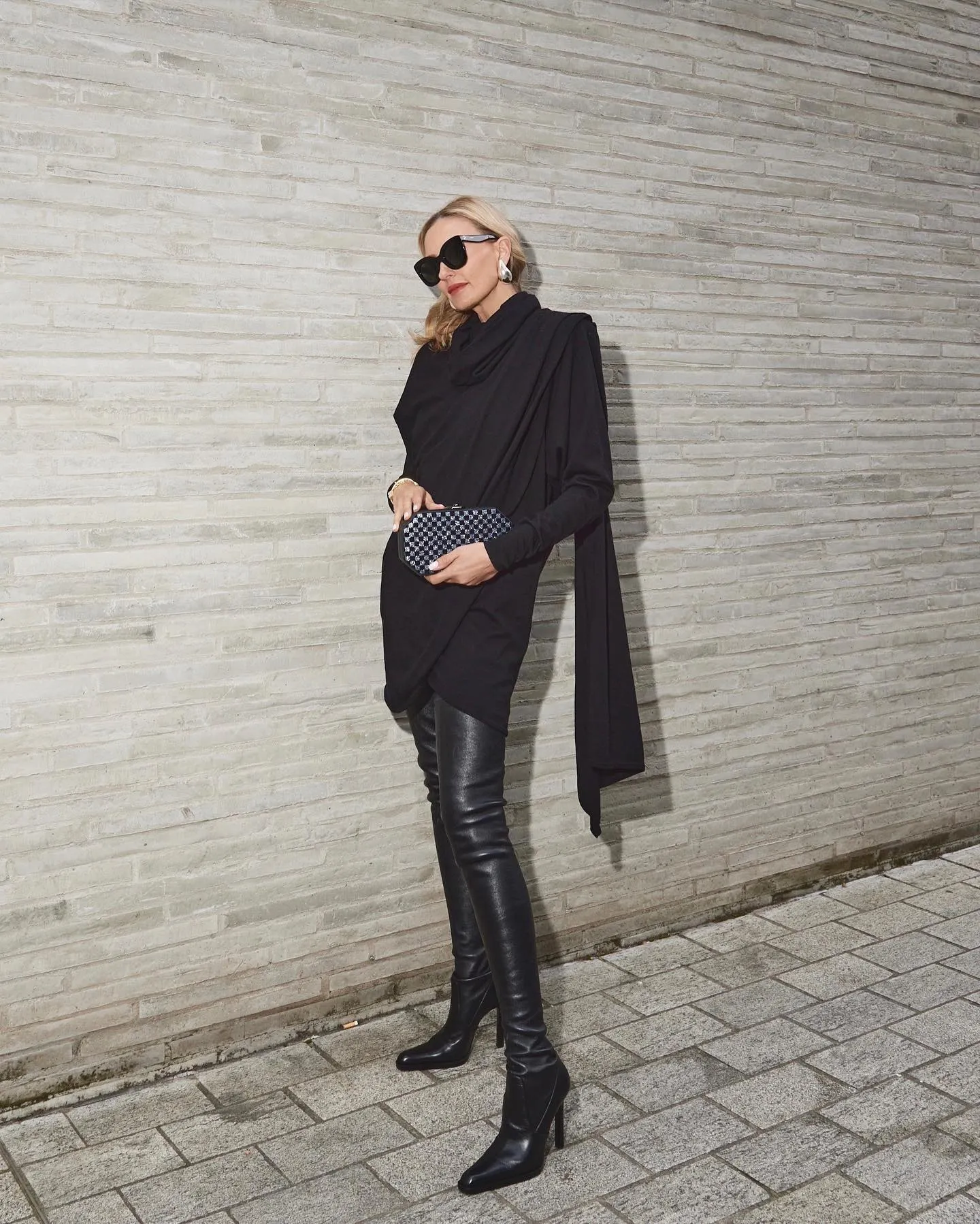 Saint Laurent Black Cowl Neck Draped Wool Knitted Mini Dress UK S