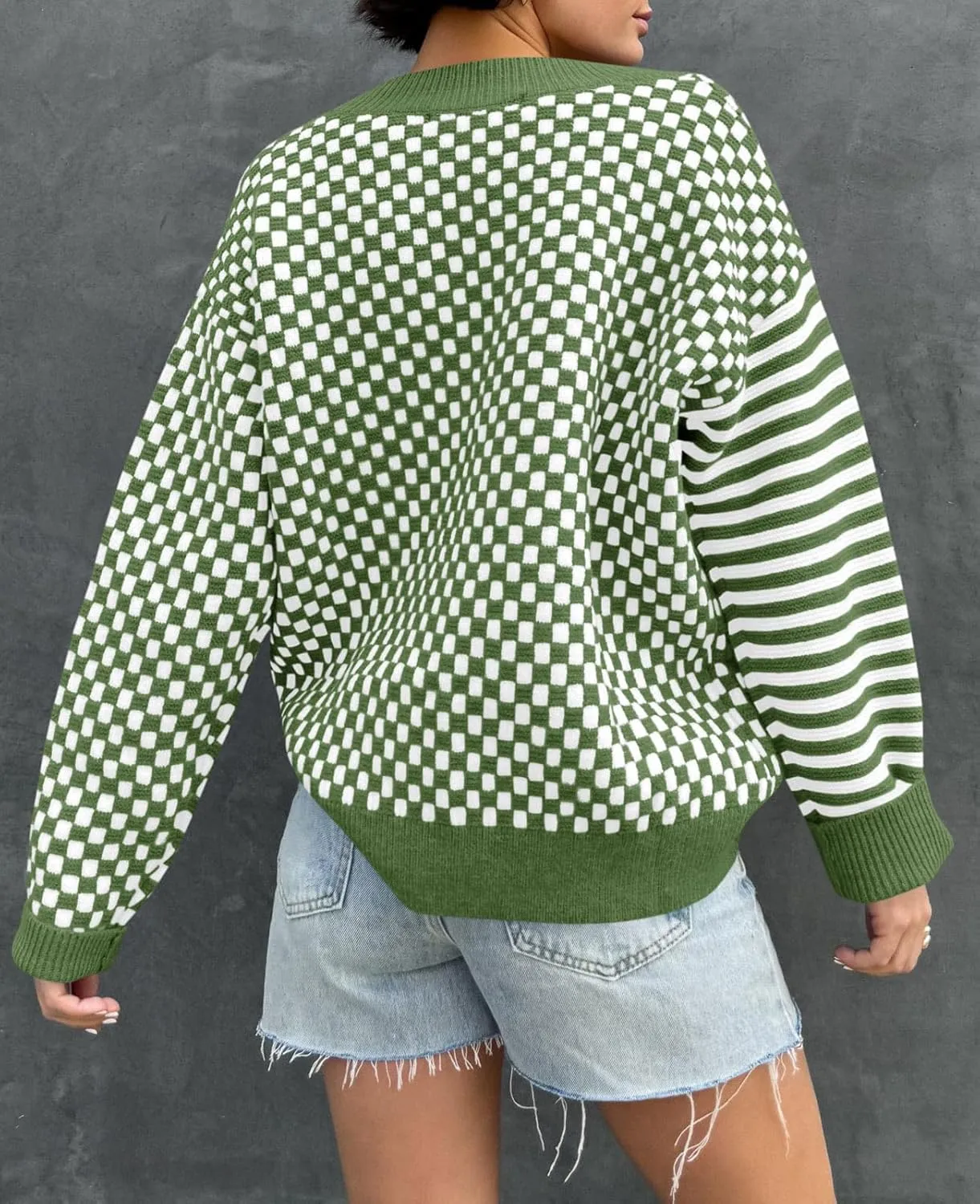 Saodimallsu Womens Checkered Striped Sweater V Neck Long Sleeve 2024 Fall Trendy Loose Knit Cozy Pullover Tops
