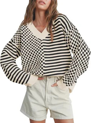 Saodimallsu Womens Checkered Striped Sweater V Neck Long Sleeve 2024 Fall Trendy Loose Knit Cozy Pullover Tops