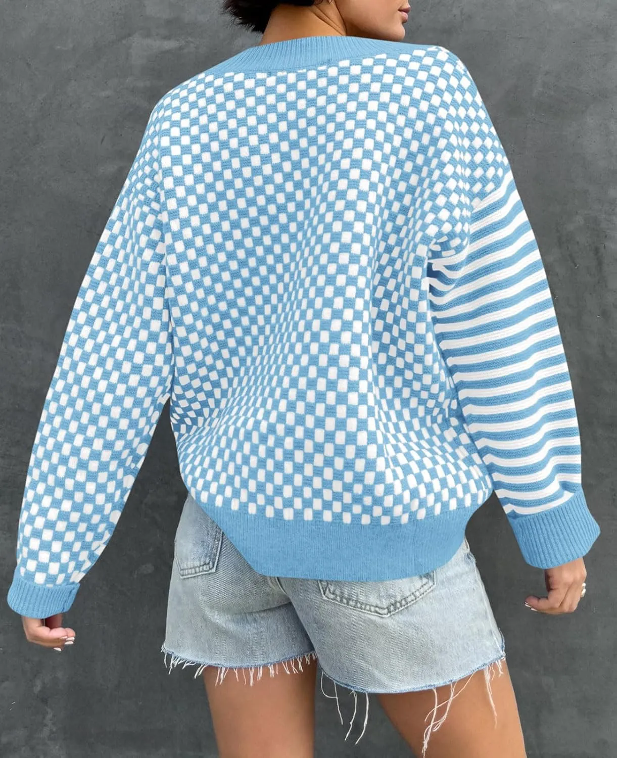 Saodimallsu Womens Checkered Striped Sweater V Neck Long Sleeve 2024 Fall Trendy Loose Knit Cozy Pullover Tops