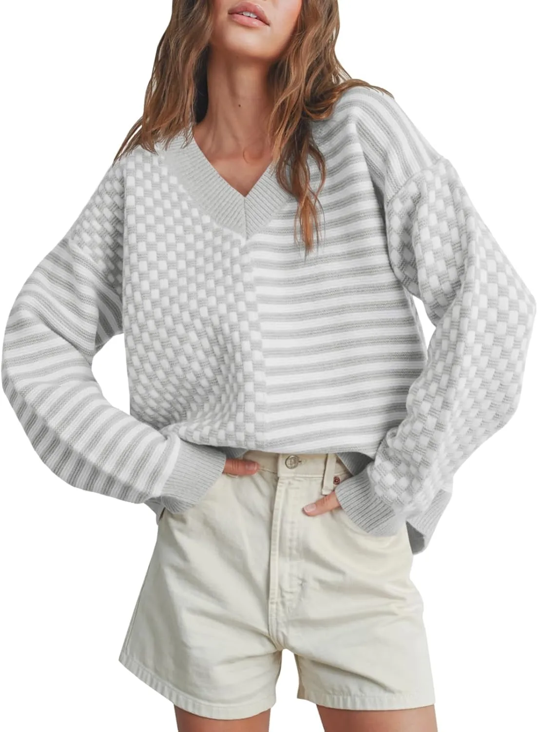 Saodimallsu Womens Checkered Striped Sweater V Neck Long Sleeve 2024 Fall Trendy Loose Knit Cozy Pullover Tops
