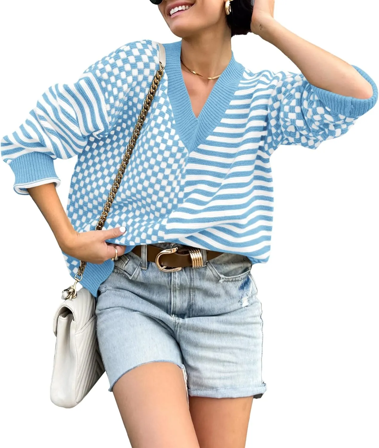 Saodimallsu Womens Checkered Striped Sweater V Neck Long Sleeve 2024 Fall Trendy Loose Knit Cozy Pullover Tops