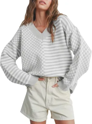 Saodimallsu Womens Checkered Striped Sweater V Neck Long Sleeve 2024 Fall Trendy Loose Knit Cozy Pullover Tops