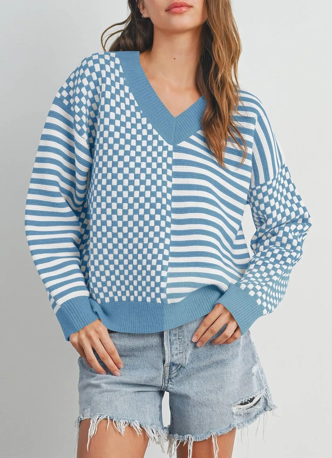 Saodimallsu Womens Checkered Striped Sweater V Neck Long Sleeve 2024 Fall Trendy Loose Knit Cozy Pullover Tops
