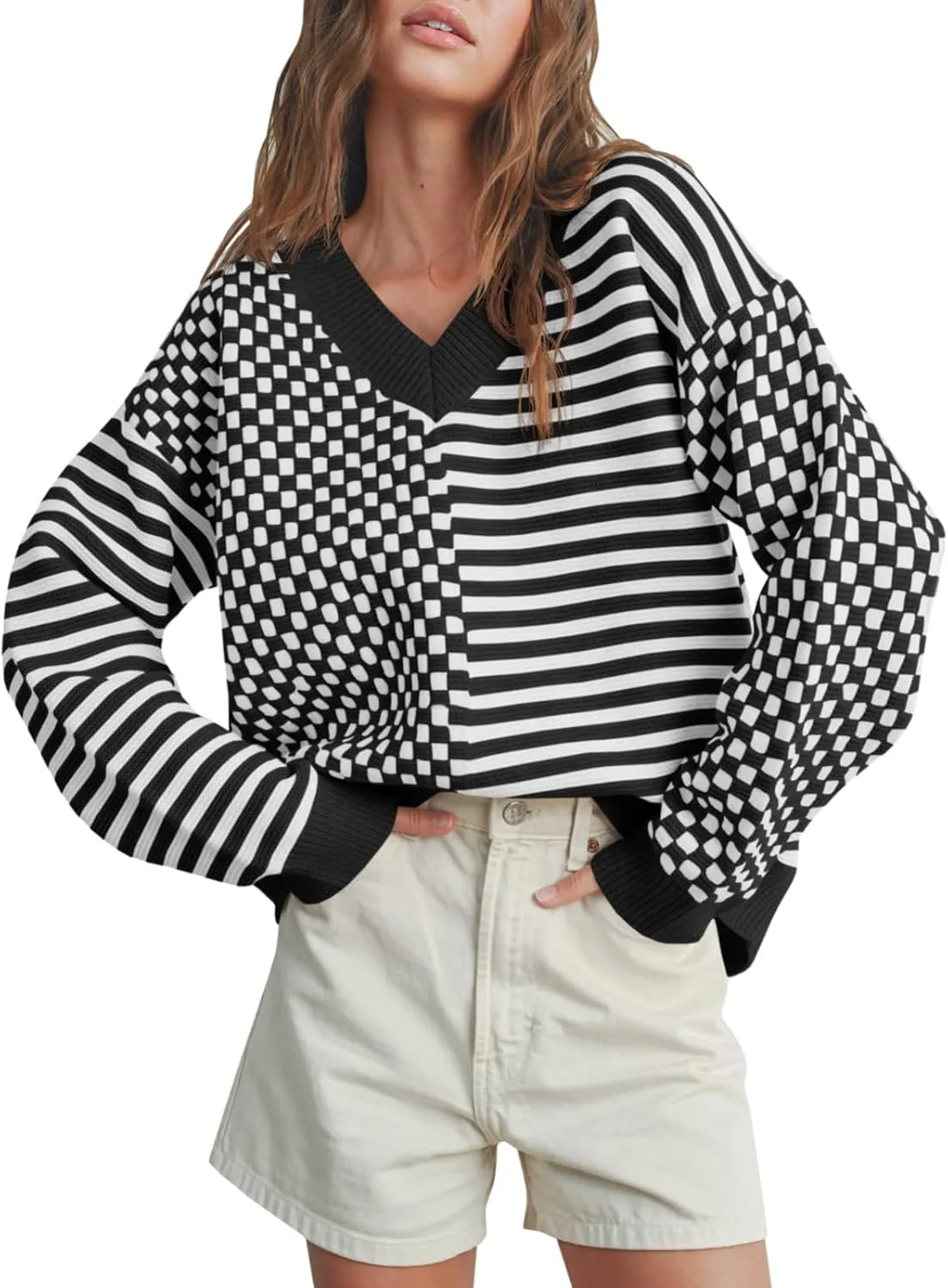 Saodimallsu Womens Checkered Striped Sweater V Neck Long Sleeve 2024 Fall Trendy Loose Knit Cozy Pullover Tops