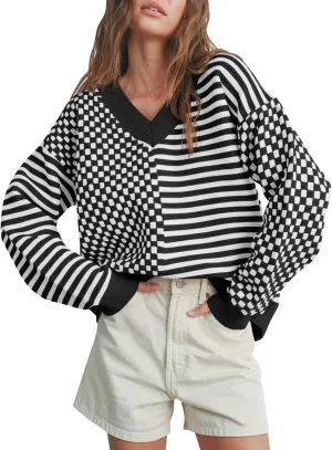 Saodimallsu Womens Checkered Striped Sweater V Neck Long Sleeve 2024 Fall Trendy Loose Knit Cozy Pullover Tops