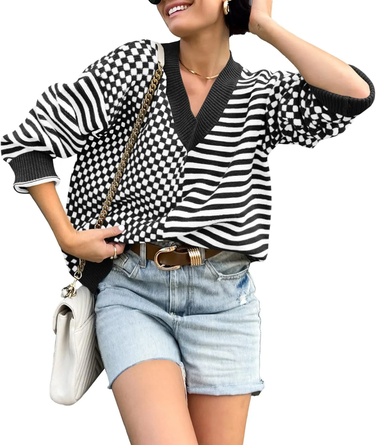 Saodimallsu Womens Checkered Striped Sweater V Neck Long Sleeve 2024 Fall Trendy Loose Knit Cozy Pullover Tops