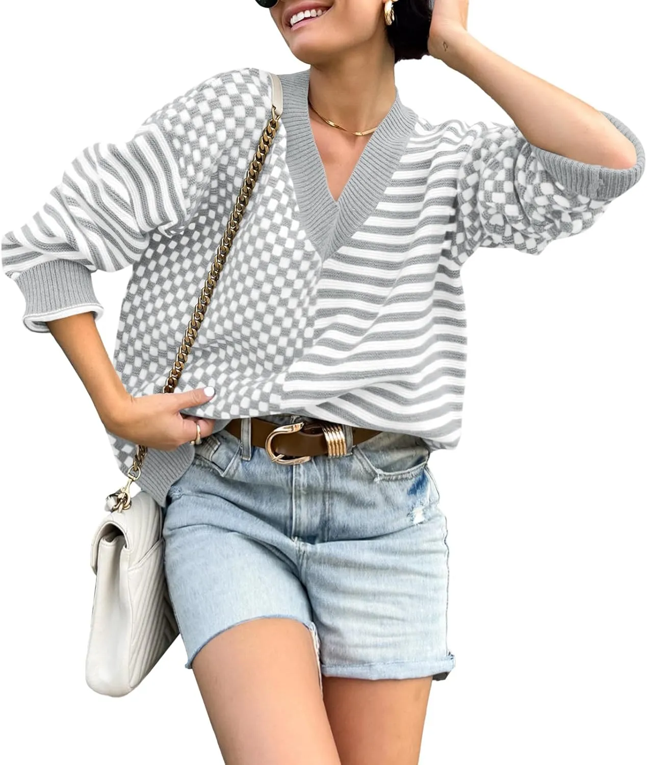 Saodimallsu Womens Checkered Striped Sweater V Neck Long Sleeve 2024 Fall Trendy Loose Knit Cozy Pullover Tops
