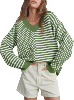 Saodimallsu Womens Checkered Striped Sweater V Neck Long Sleeve 2024 Fall Trendy Loose Knit Cozy Pullover Tops