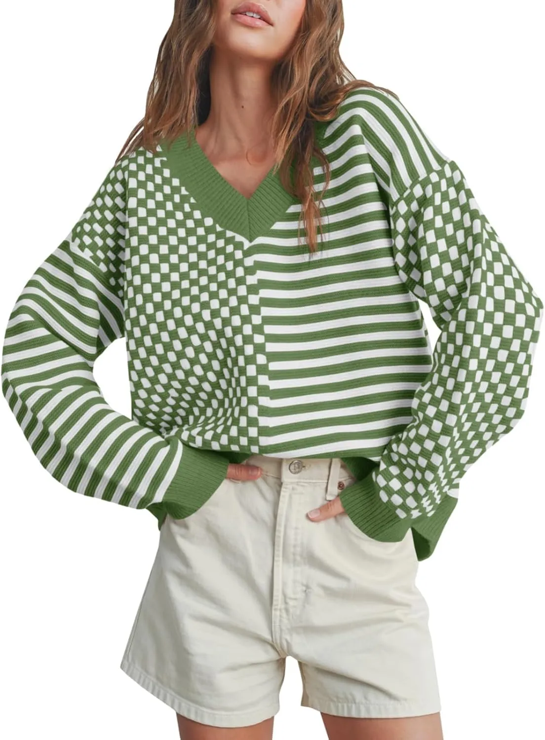 Saodimallsu Womens Checkered Striped Sweater V Neck Long Sleeve 2024 Fall Trendy Loose Knit Cozy Pullover Tops