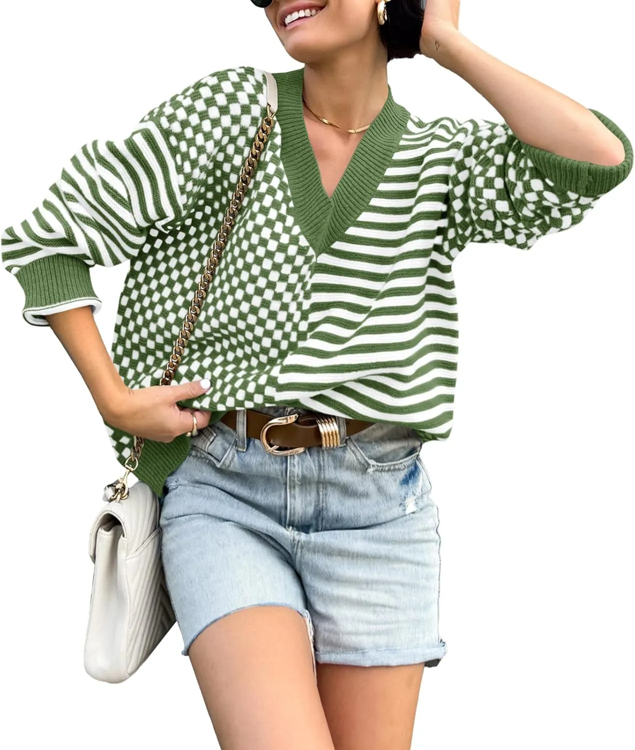 Saodimallsu Womens Checkered Striped Sweater V Neck Long Sleeve 2024 Fall Trendy Loose Knit Cozy Pullover Tops