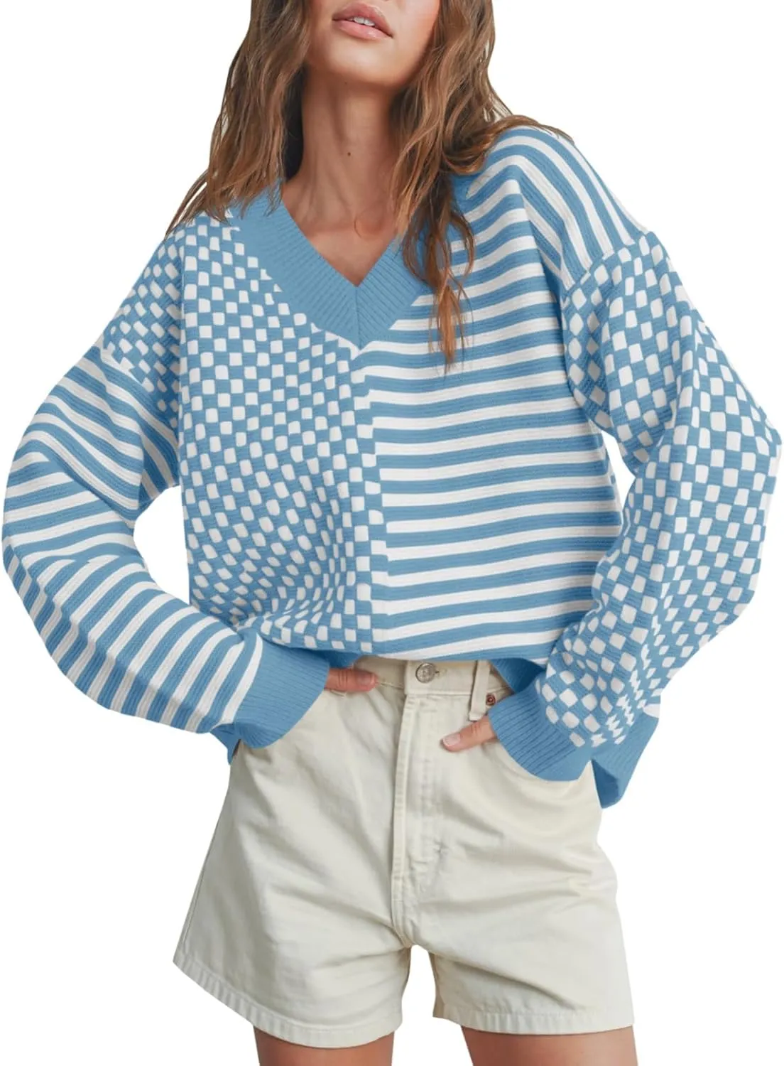 Saodimallsu Womens Checkered Striped Sweater V Neck Long Sleeve 2024 Fall Trendy Loose Knit Cozy Pullover Tops