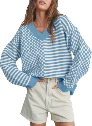 Saodimallsu Womens Checkered Striped Sweater V Neck Long Sleeve 2024 Fall Trendy Loose Knit Cozy Pullover Tops
