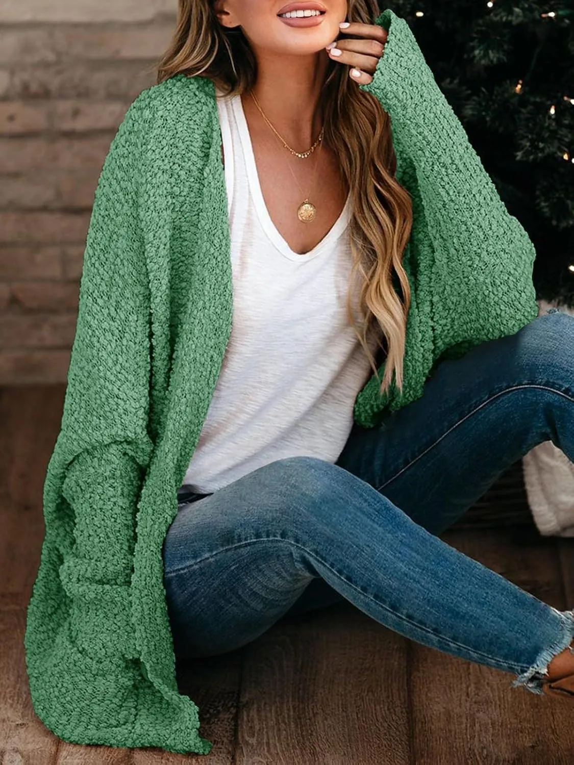 Saodimallsu Women's Chunky Popcorn Cardigan Oversized Open Front Boyfriend Batwing Long Sleeve Fuzzy Knit Sweaters