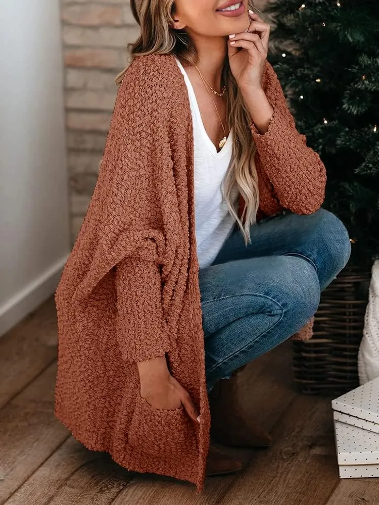 Saodimallsu Women's Chunky Popcorn Cardigan Oversized Open Front Boyfriend Batwing Long Sleeve Fuzzy Knit Sweaters