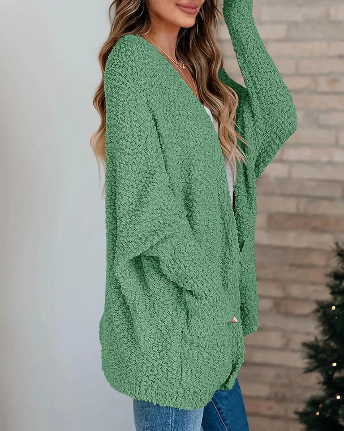 Saodimallsu Women's Chunky Popcorn Cardigan Oversized Open Front Boyfriend Batwing Long Sleeve Fuzzy Knit Sweaters