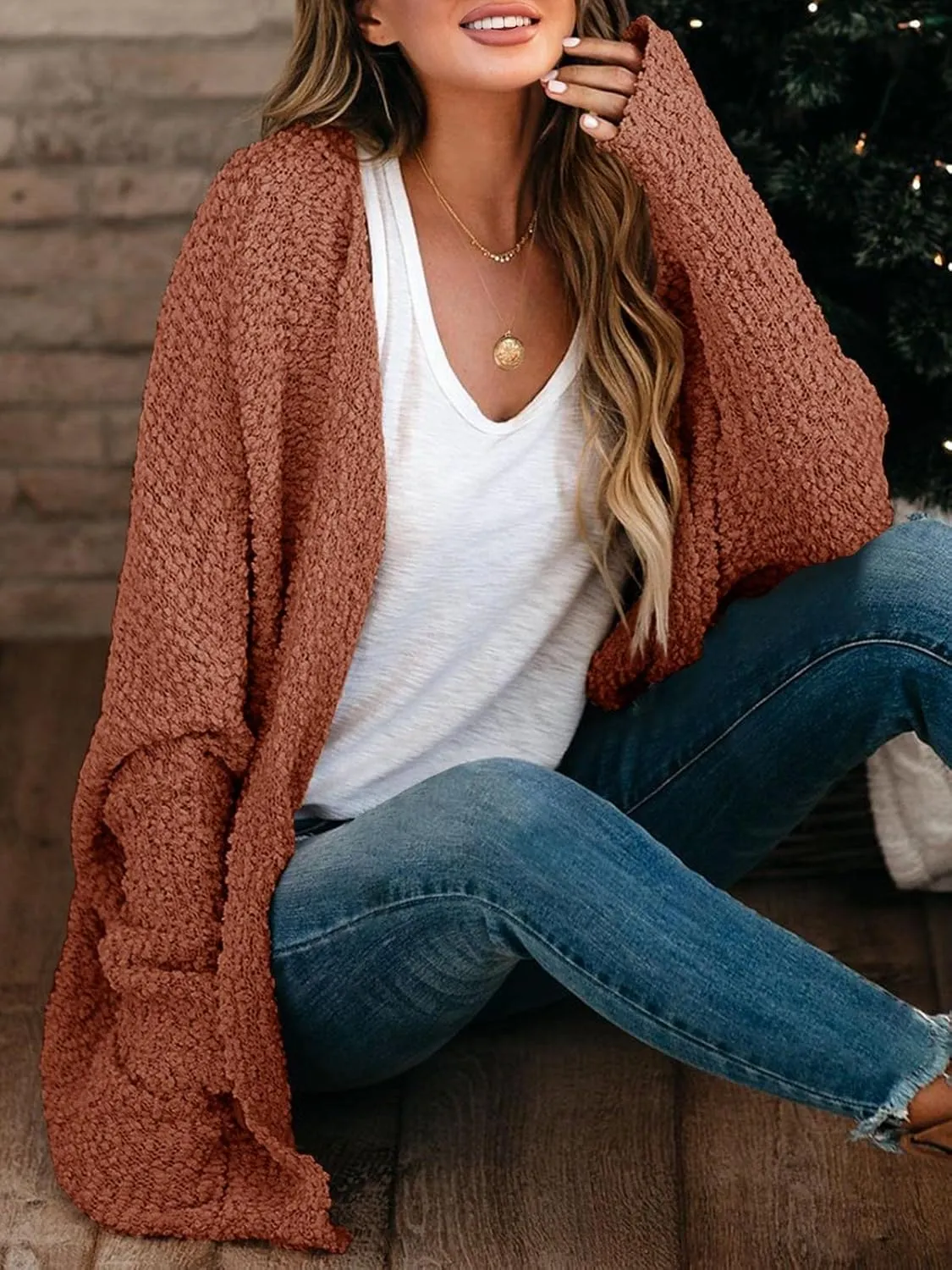 Saodimallsu Women's Chunky Popcorn Cardigan Oversized Open Front Boyfriend Batwing Long Sleeve Fuzzy Knit Sweaters