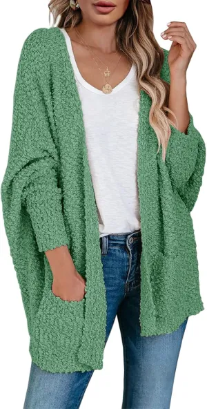 Saodimallsu Women's Chunky Popcorn Cardigan Oversized Open Front Boyfriend Batwing Long Sleeve Fuzzy Knit Sweaters