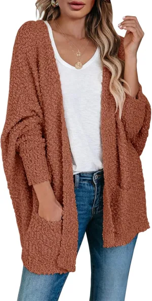 Saodimallsu Women's Chunky Popcorn Cardigan Oversized Open Front Boyfriend Batwing Long Sleeve Fuzzy Knit Sweaters