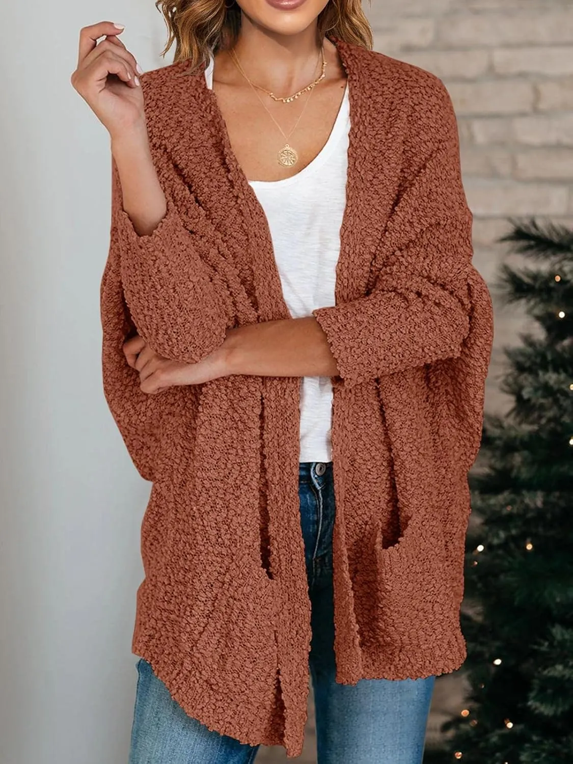 Saodimallsu Women's Chunky Popcorn Cardigan Oversized Open Front Boyfriend Batwing Long Sleeve Fuzzy Knit Sweaters