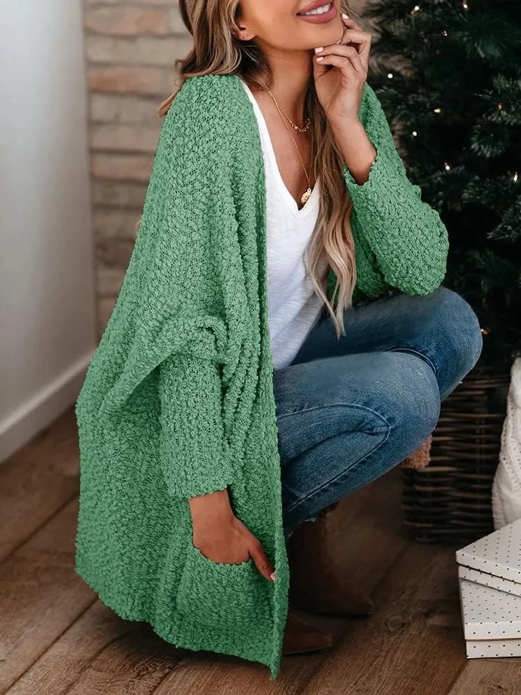 Saodimallsu Women's Chunky Popcorn Cardigan Oversized Open Front Boyfriend Batwing Long Sleeve Fuzzy Knit Sweaters