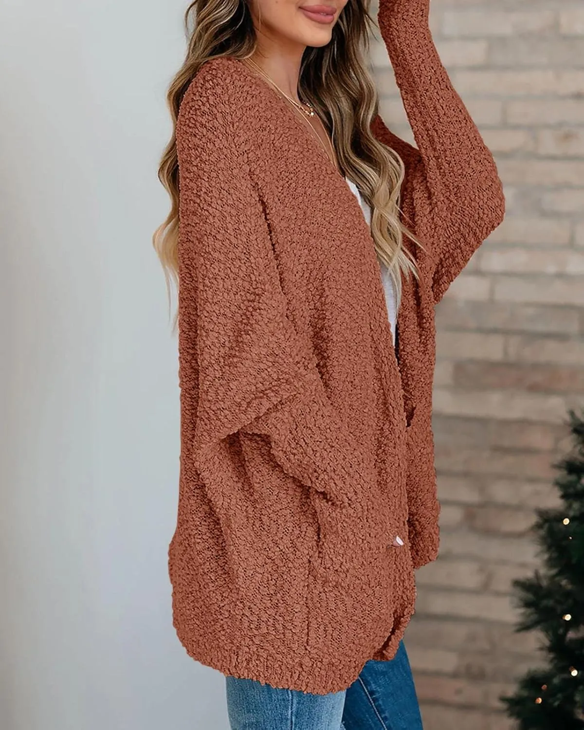 Saodimallsu Women's Chunky Popcorn Cardigan Oversized Open Front Boyfriend Batwing Long Sleeve Fuzzy Knit Sweaters