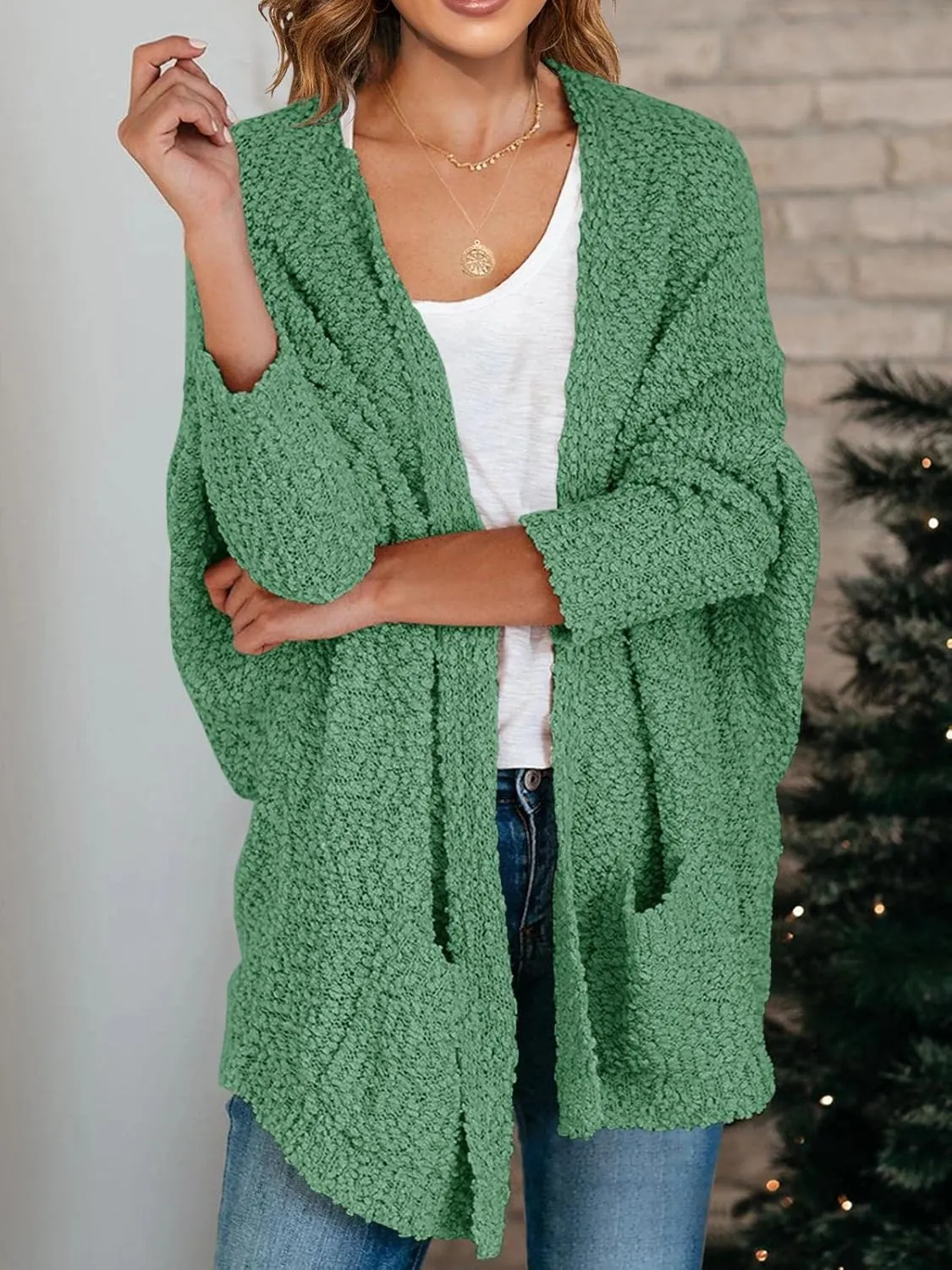 Saodimallsu Women's Chunky Popcorn Cardigan Oversized Open Front Boyfriend Batwing Long Sleeve Fuzzy Knit Sweaters